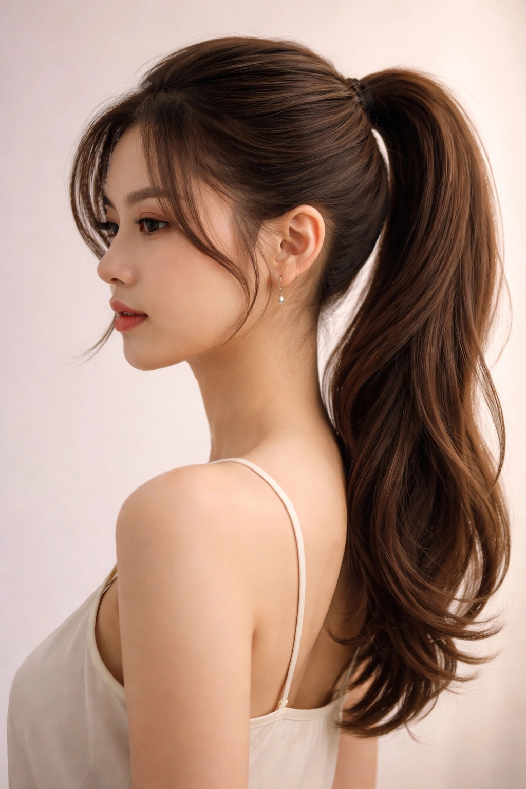 Curved undercut ponytail with inward curve at temples and curved sides