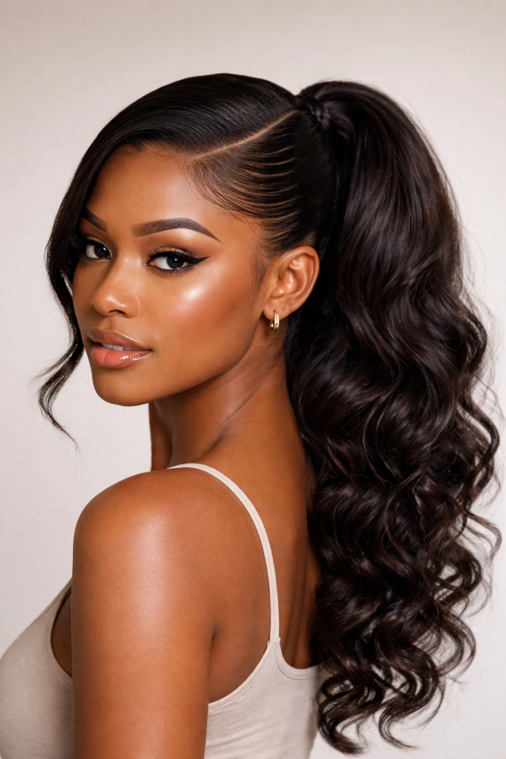 Curved weave ponytail with deep side part following the head's arc.