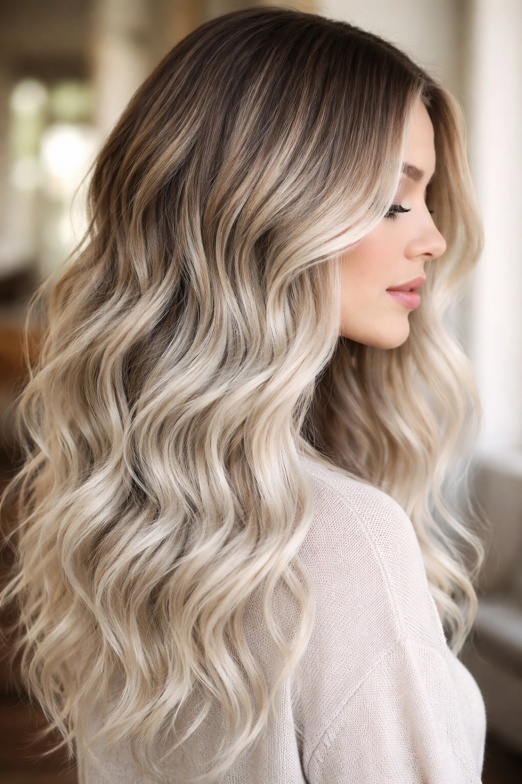 Wavy hair with dark blonde roots fading to icy platinum ends