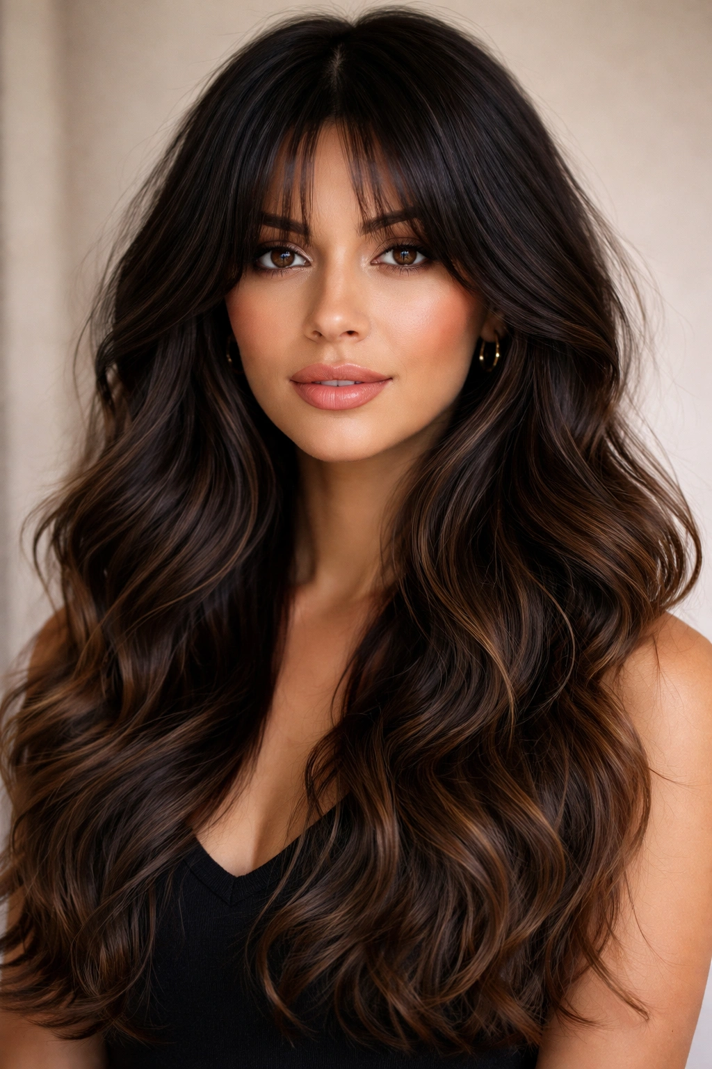Portrait of dark curtain bangs with dimensional waves