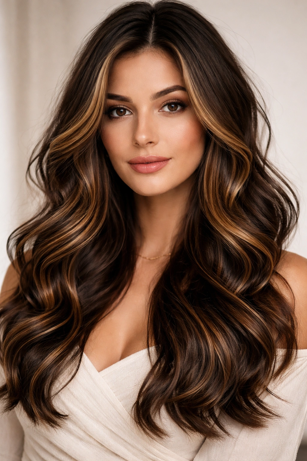 Dark brunette waves with caramel ribbons woven through