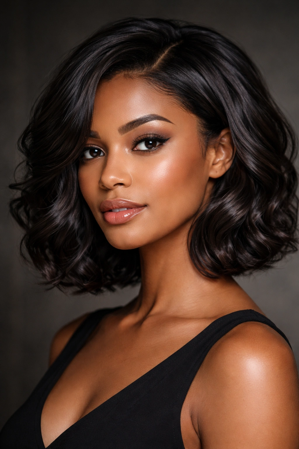 Portrait of a person with a deep chocolate brown wavy bob and sleek undertones