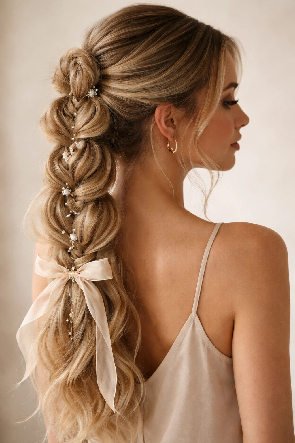 Decorated butterfly braid ponytail with ribbon and crystal accents