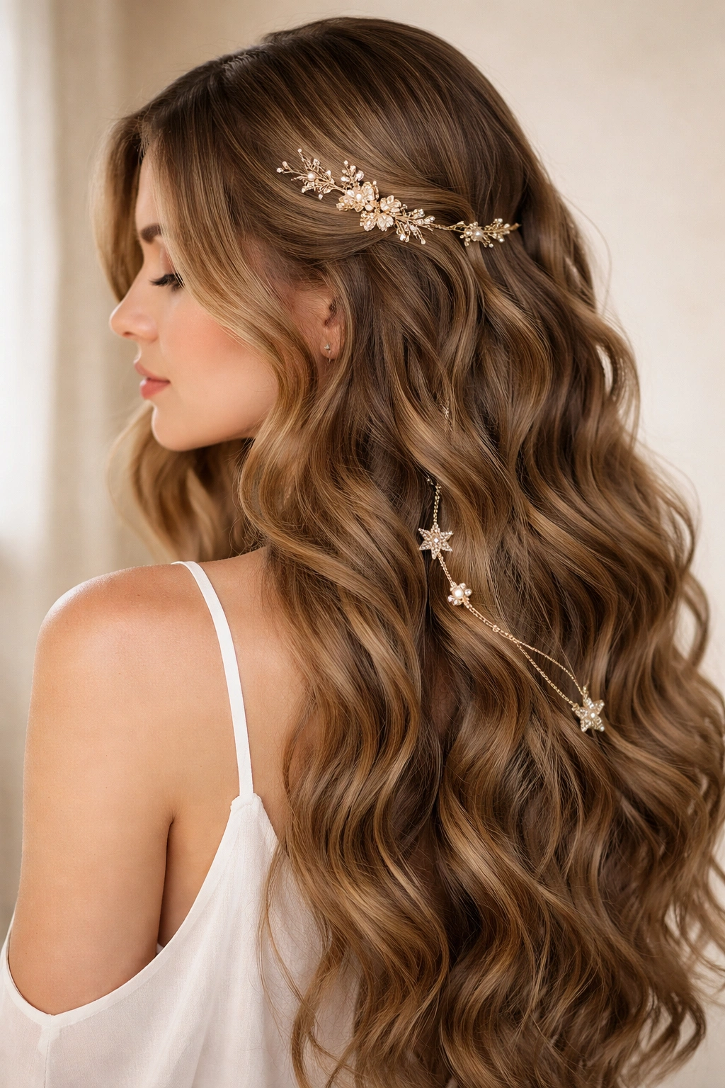 Long waves with decorative hair pins and clips
