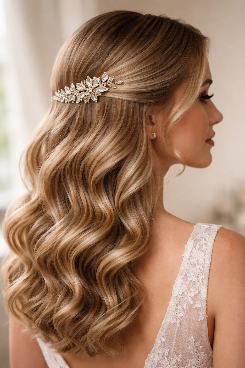 Lower-half waves secured with a decorative barrette.