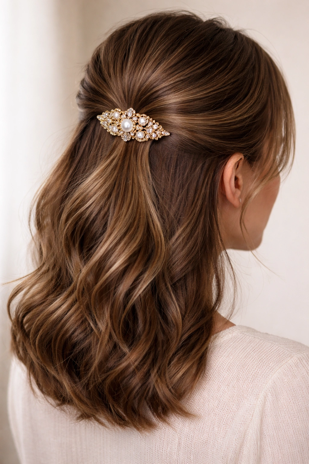 Close-up of a half-up hairstyle secured with a large decorative clip at the back