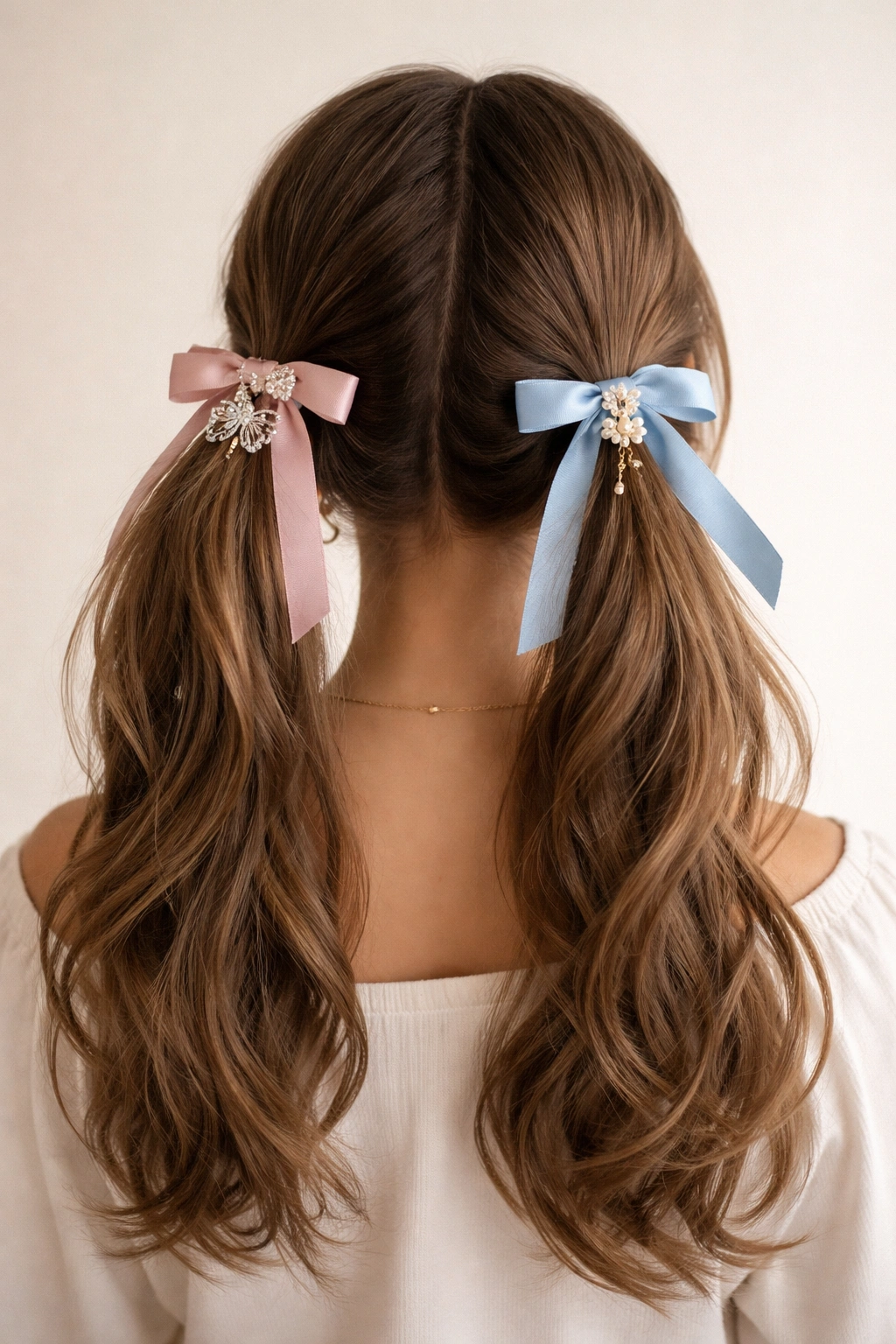 Two ponytails with decorative ribbons and pins