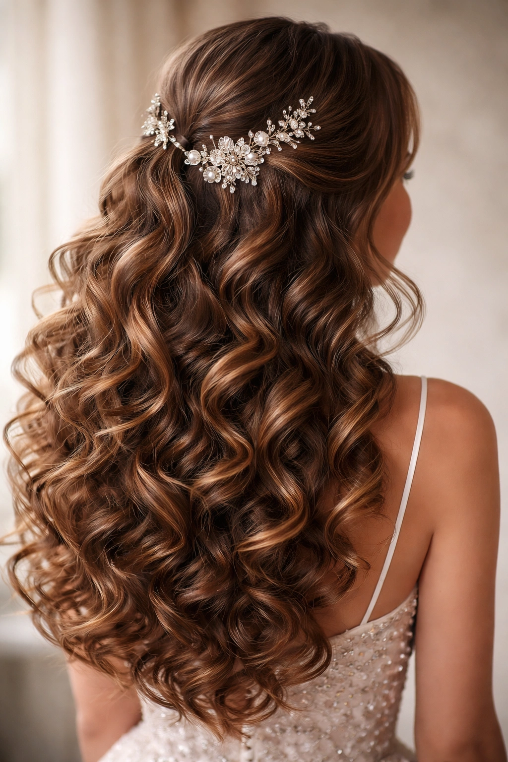 Back view of long curly hair with bouncy curls and decorative pins