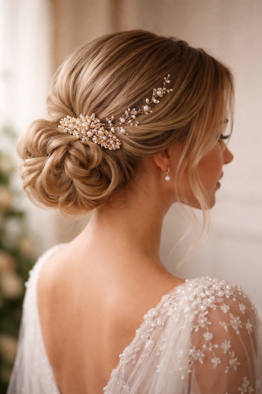 Decorative side bun with accessory on neutral background