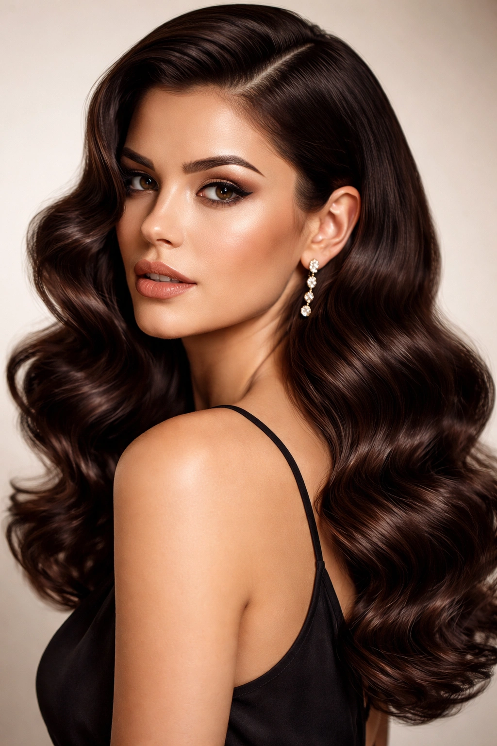 Close-up of deep brown vintage waves with crisp retro definition