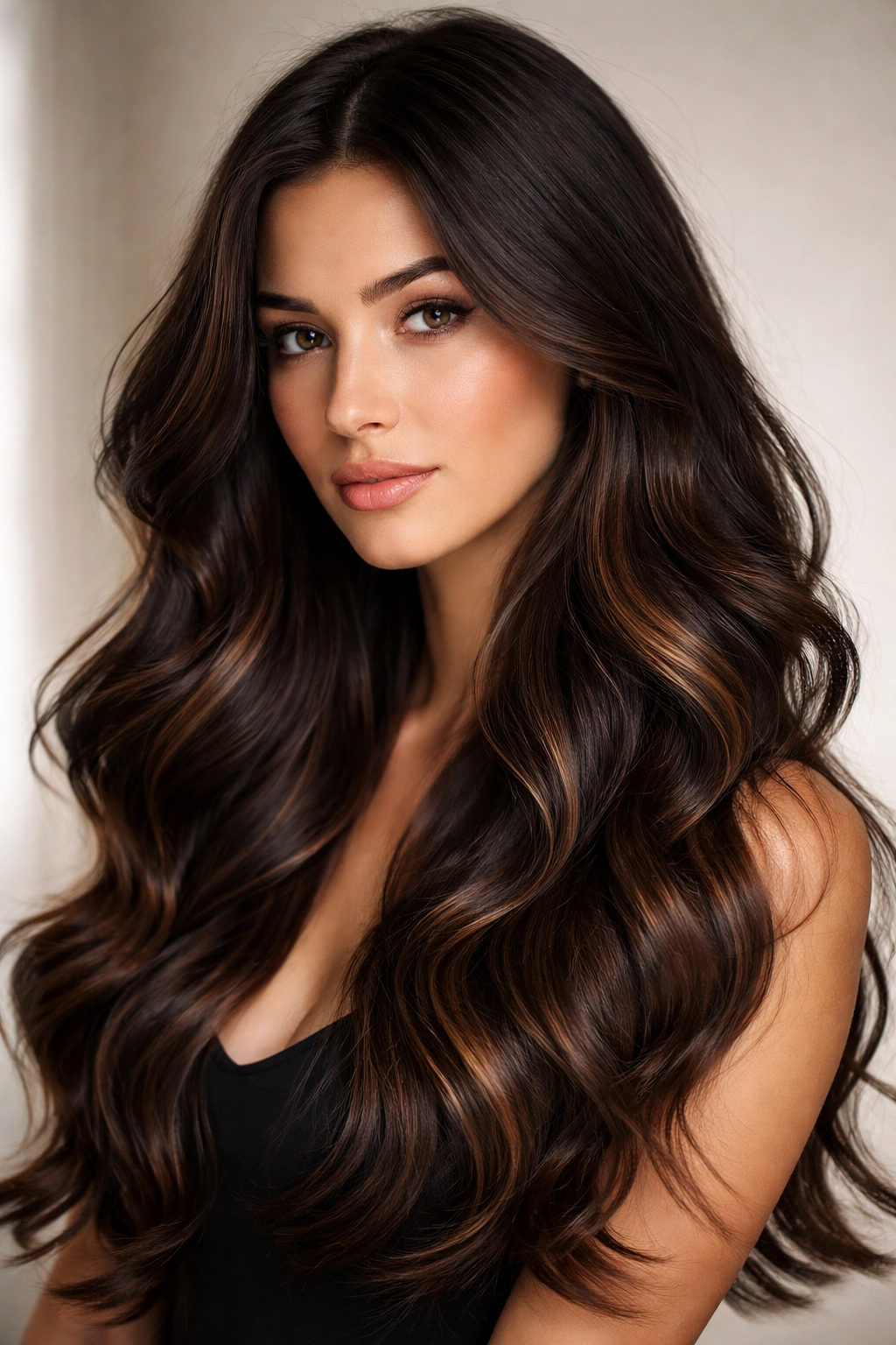Long deep brunette hair with subtle invisible underlights peeking through