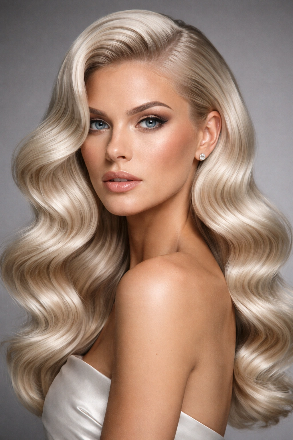 Glossy platinum blonde deep Hollywood waves with defined curves
