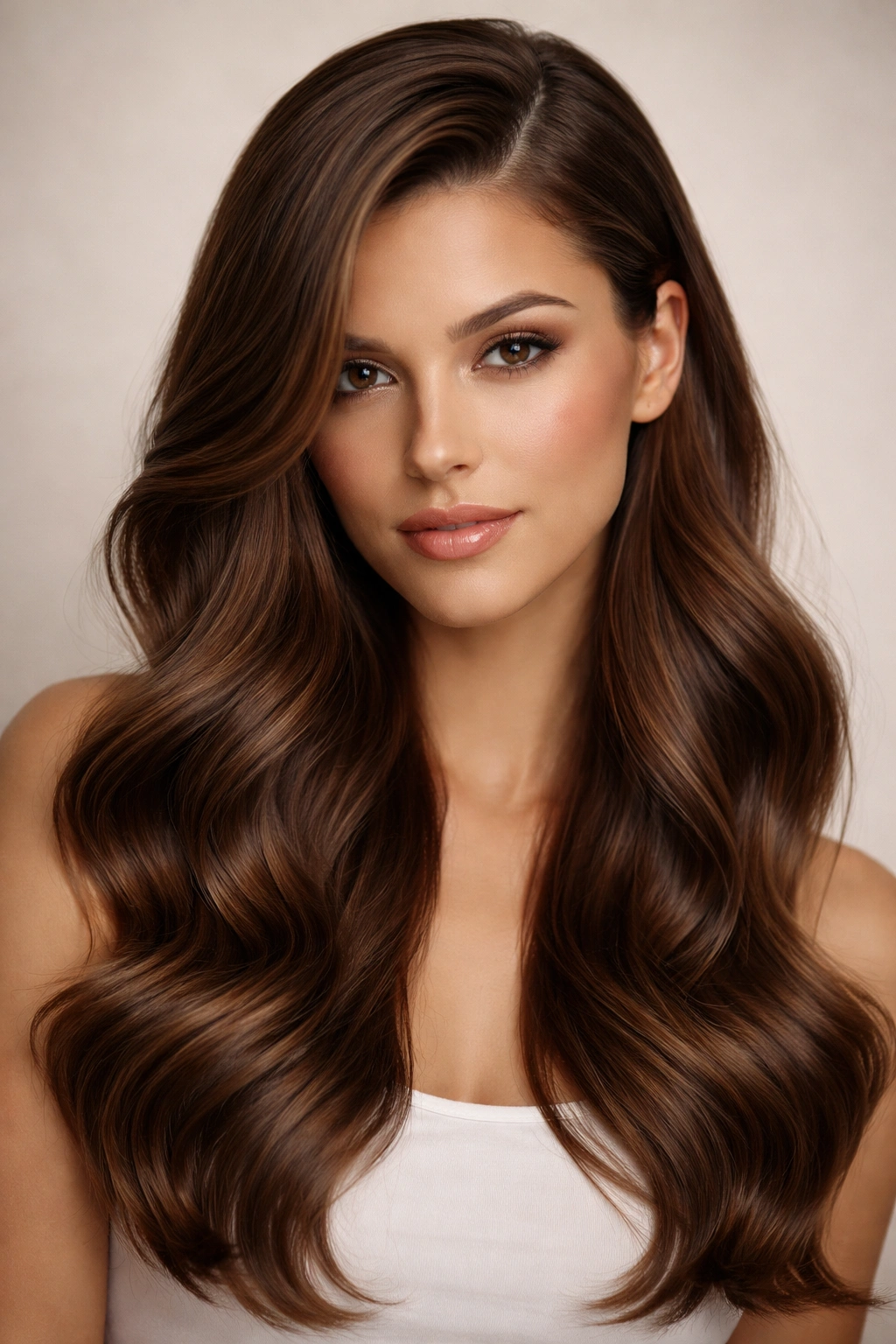 Long wavy hair with a deep side part and smooth waves