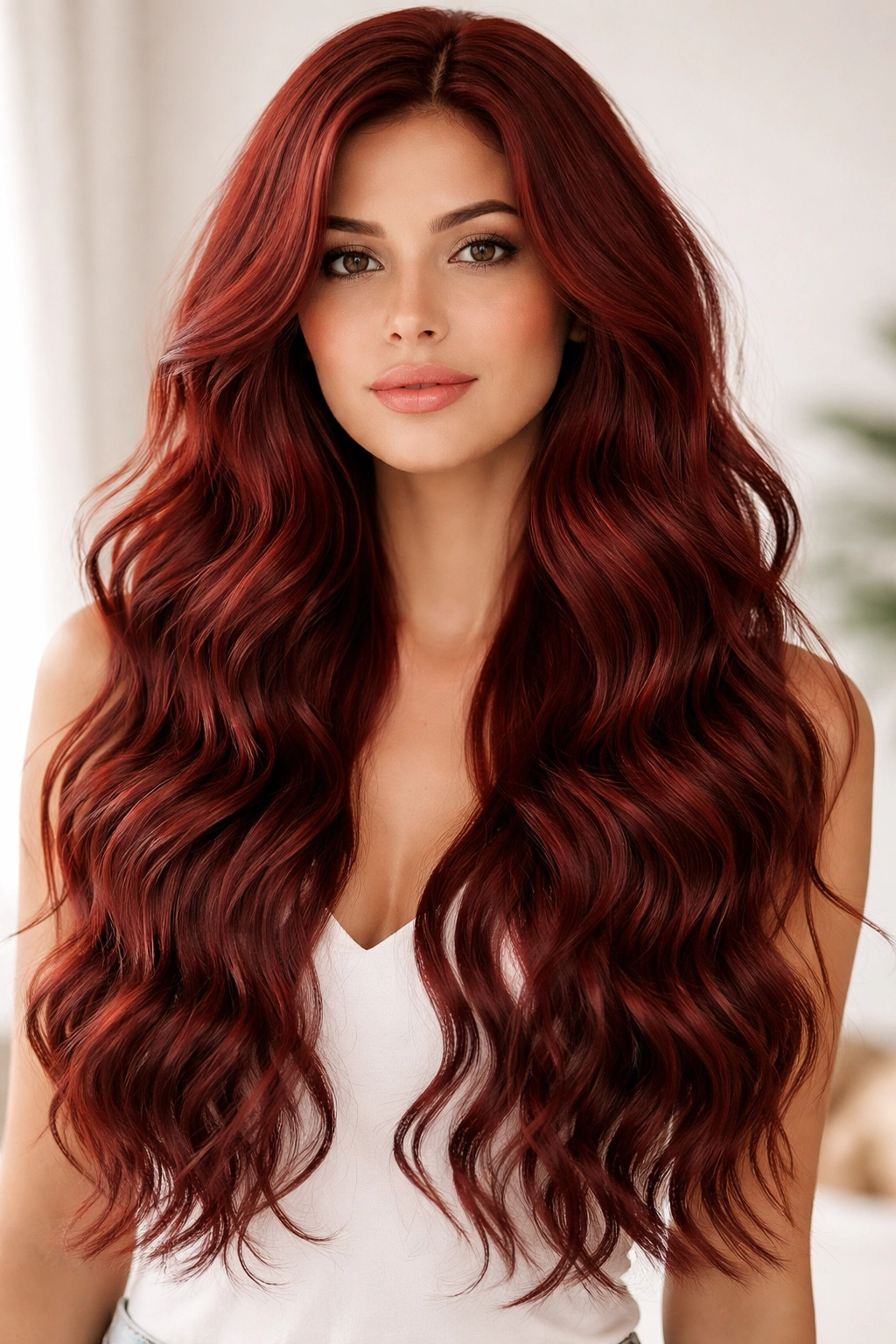 Long deep red beachy waves cascade past the shoulders.
