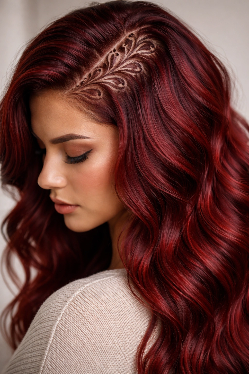 Close-up of deep red textured waves with scalp tattoo designs visible at the part line