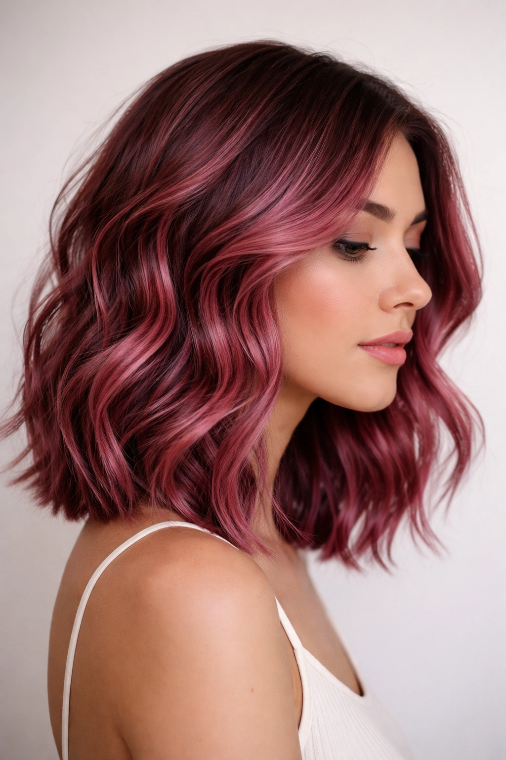 Deep rose wavy lob with color depth and collarbone-length waves