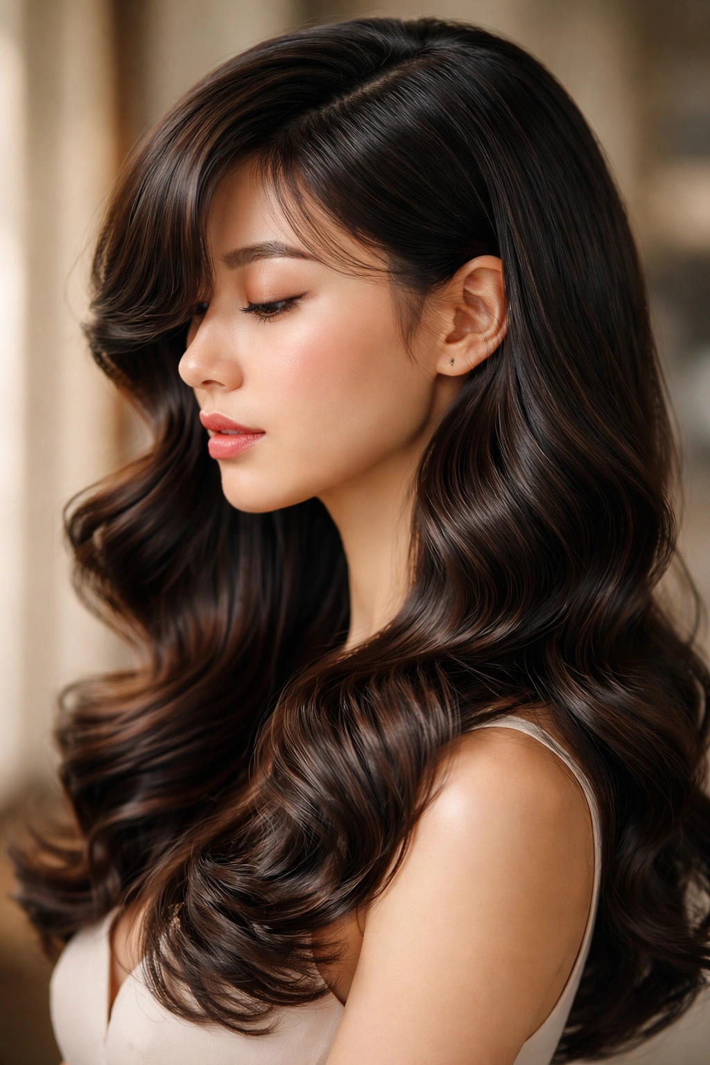 Side-profile of deep-side bangs with roller-set waves in retro glam styling.