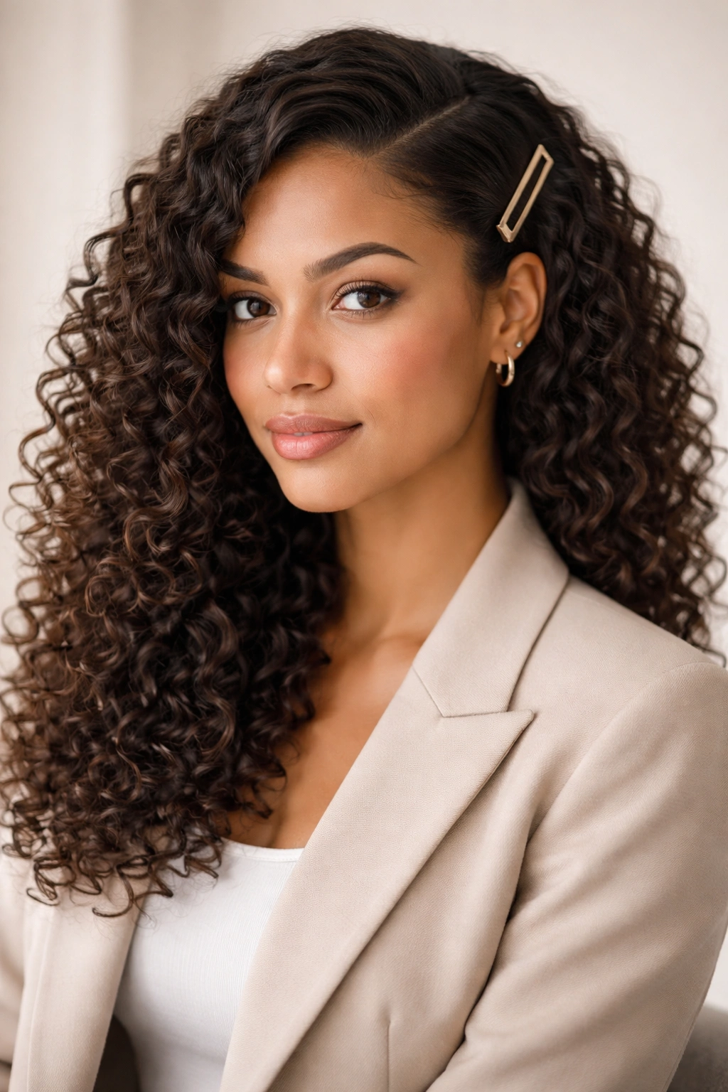Deep side part with clip on curly hair in a neutral studio setting