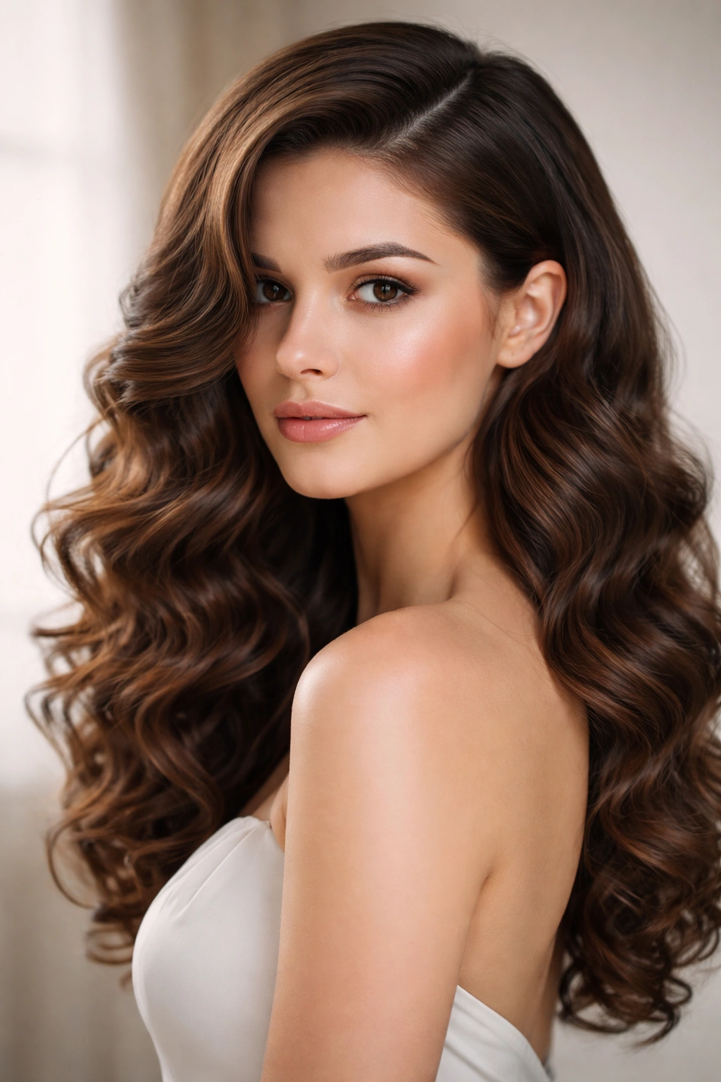 Deep side part with softly swept curls framing the face