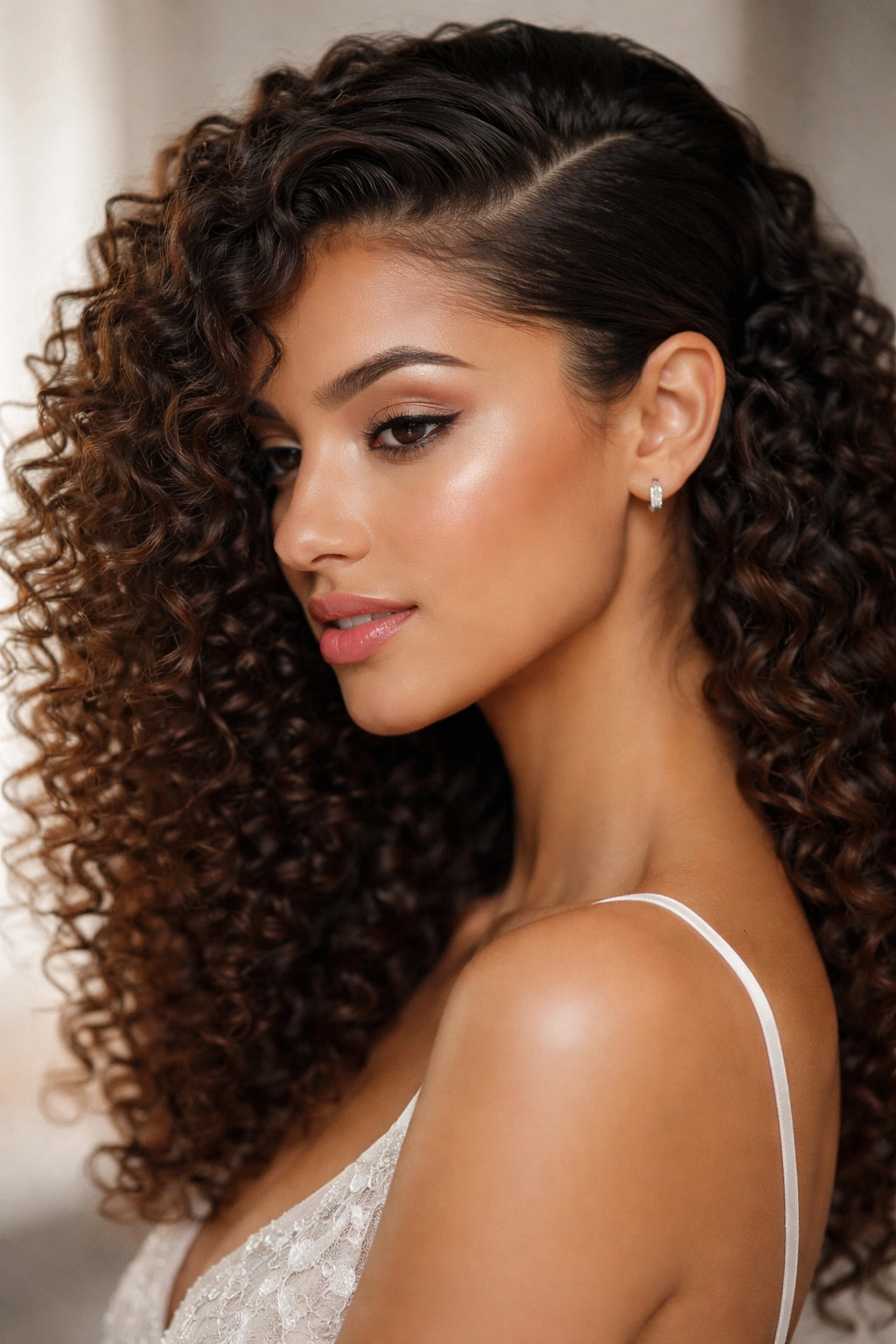 Deep side part with defined curls cascading along the part line