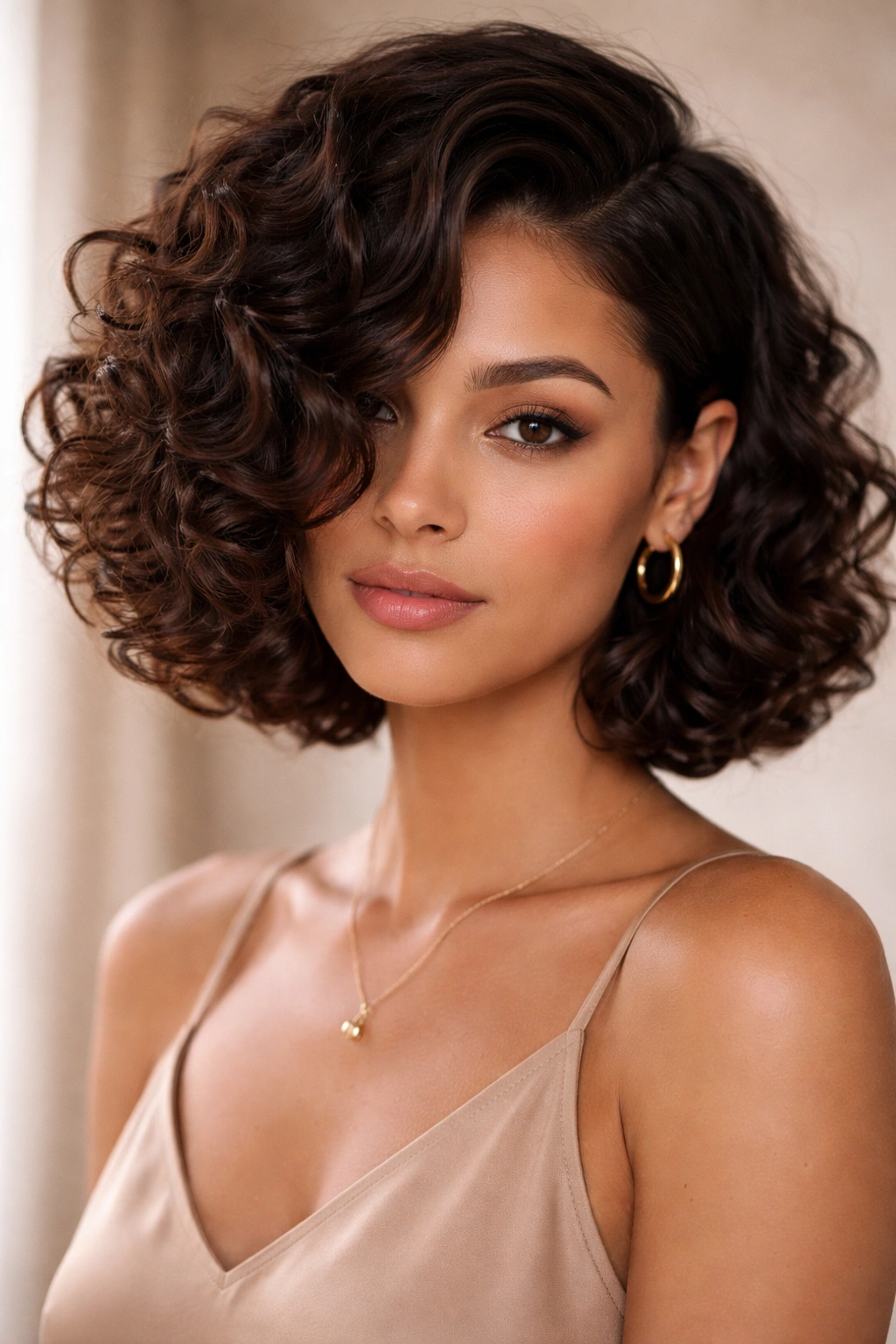 Head-and-shoulders portrait showing a deep side-parted curly bob