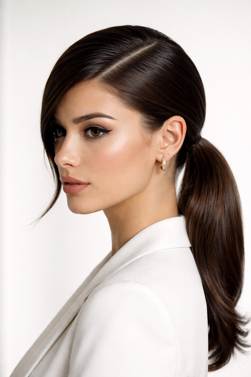 Smooth low pony with a dramatic deep side part