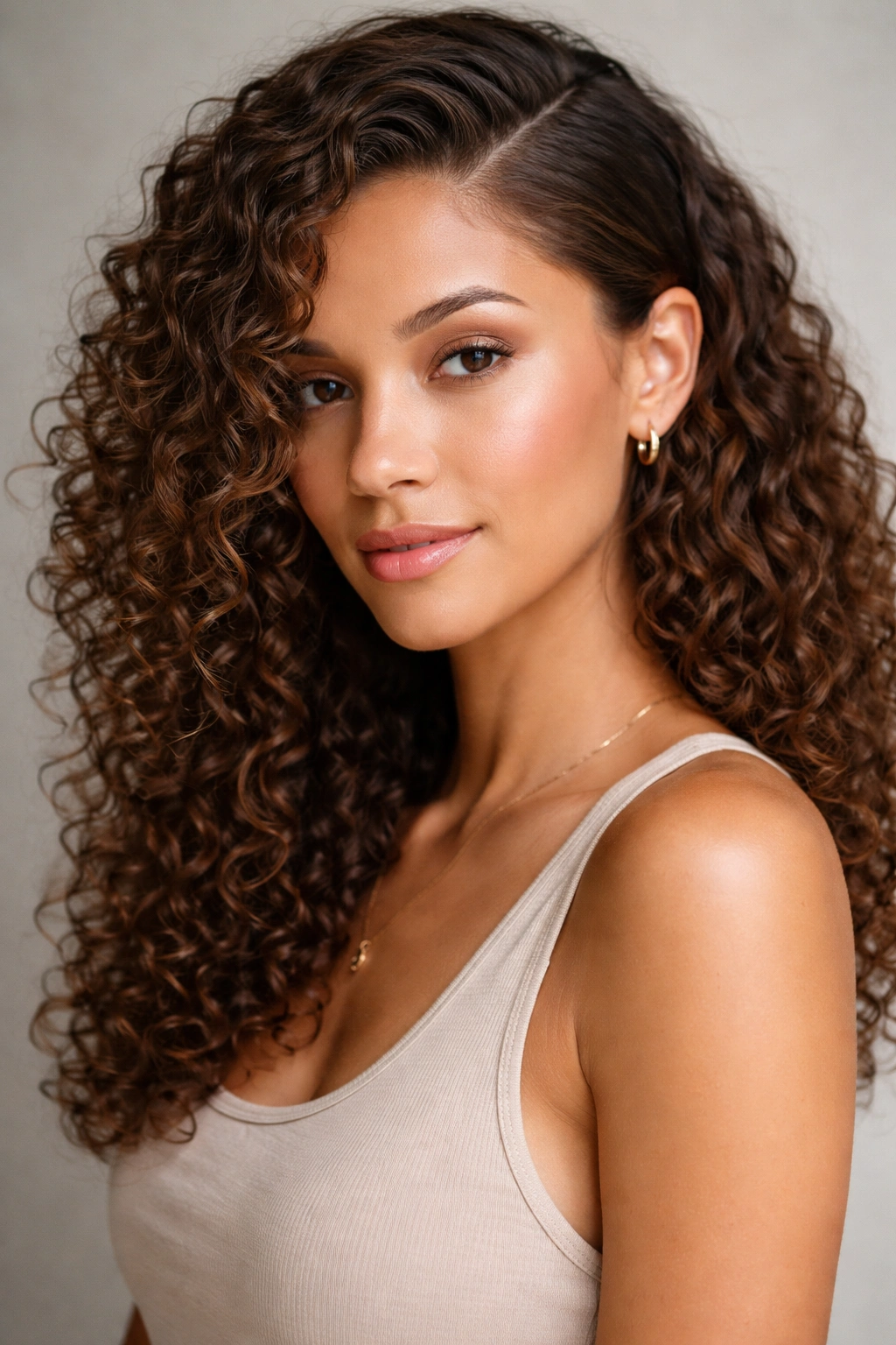 Close-up of curly hair with a deep side part and tucked section behind the ear