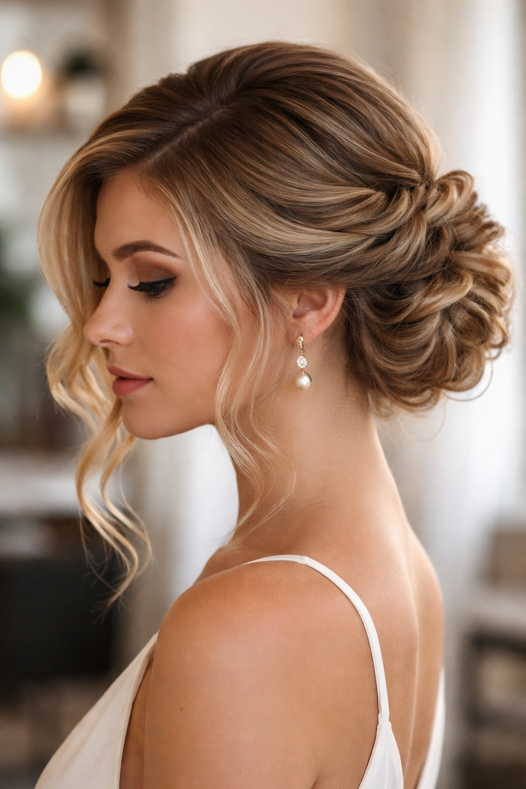 Deep side part with an updo showing asymmetrical styling on wavy hair.