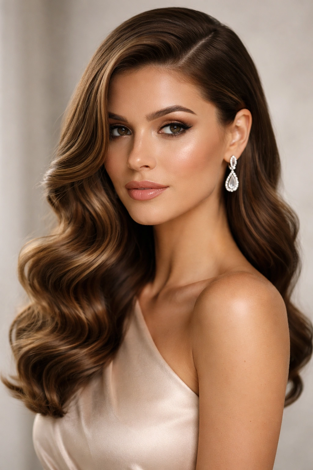 Portrait of a person with a deep side part and waves cascading to one side, no text