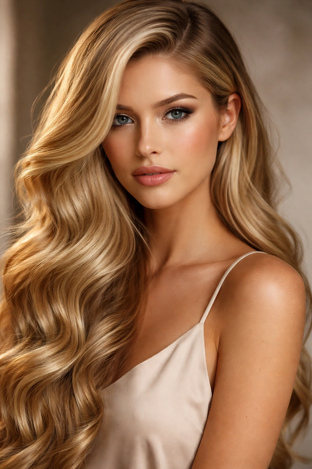 Close-up of long blonde hair styled in a deep side part with flowing waves.