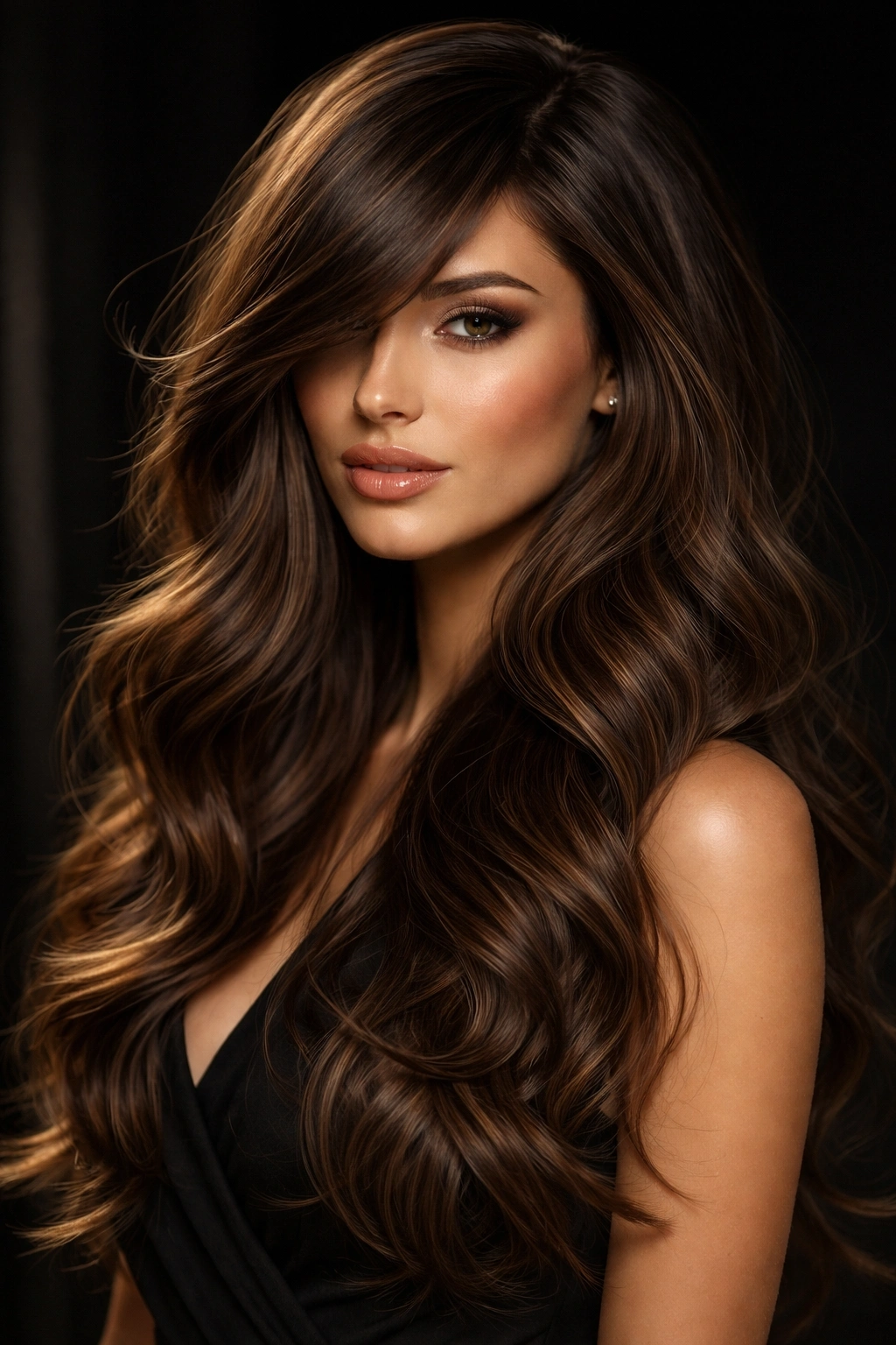Portrait of deep side-part bangs with voluminous waves in studio lighting