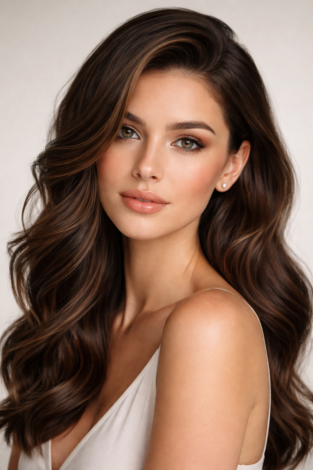 Deep side part with flowing waves on a heart-shaped face