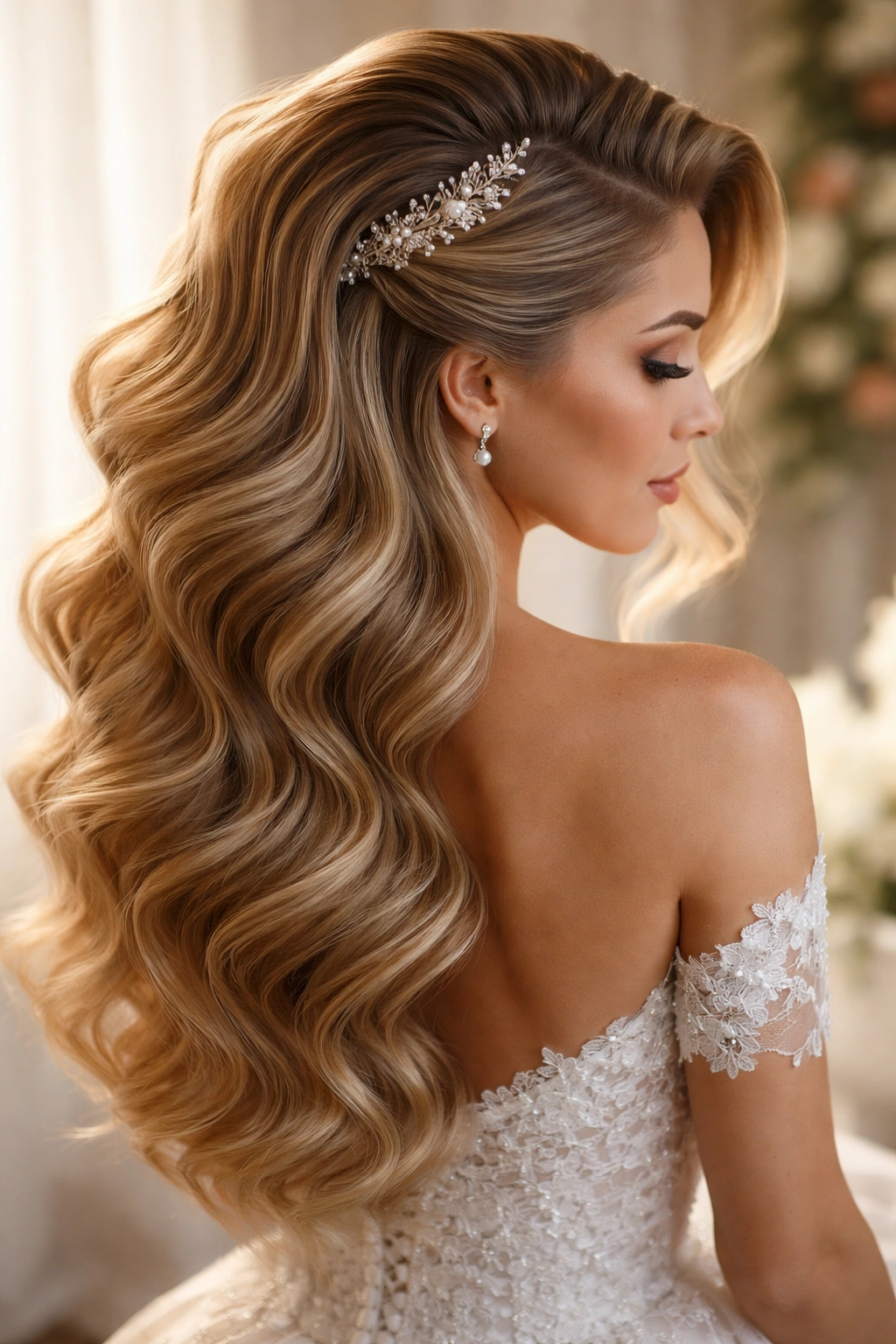 Side-view of a bride's hair with deep side waves and lifted crown