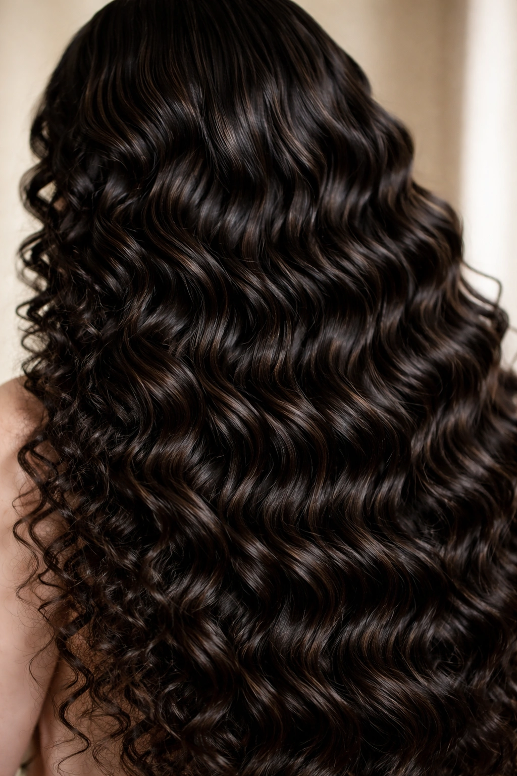 Close-up of deep wave sew-in texture with pronounced, defined waves