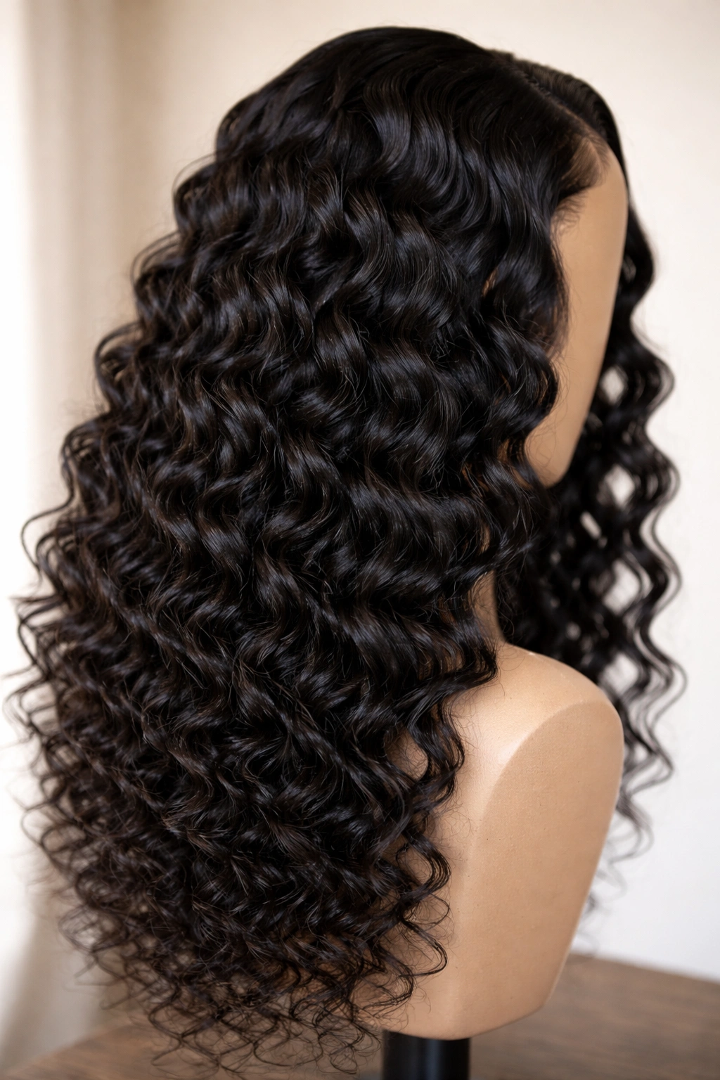 Close-up of deep wave curly weave with defined, pronounced waves and natural shine