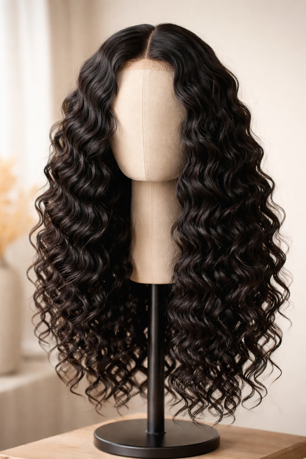 Close-up of a deep wave wig showing deep, natural curls.