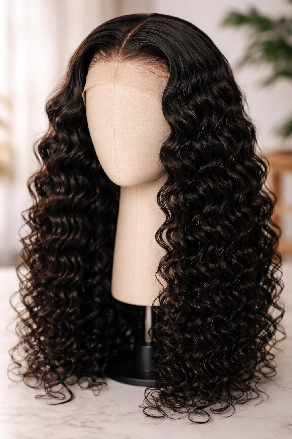 Deep wave curls frontal wig on a head form with large waves and depth