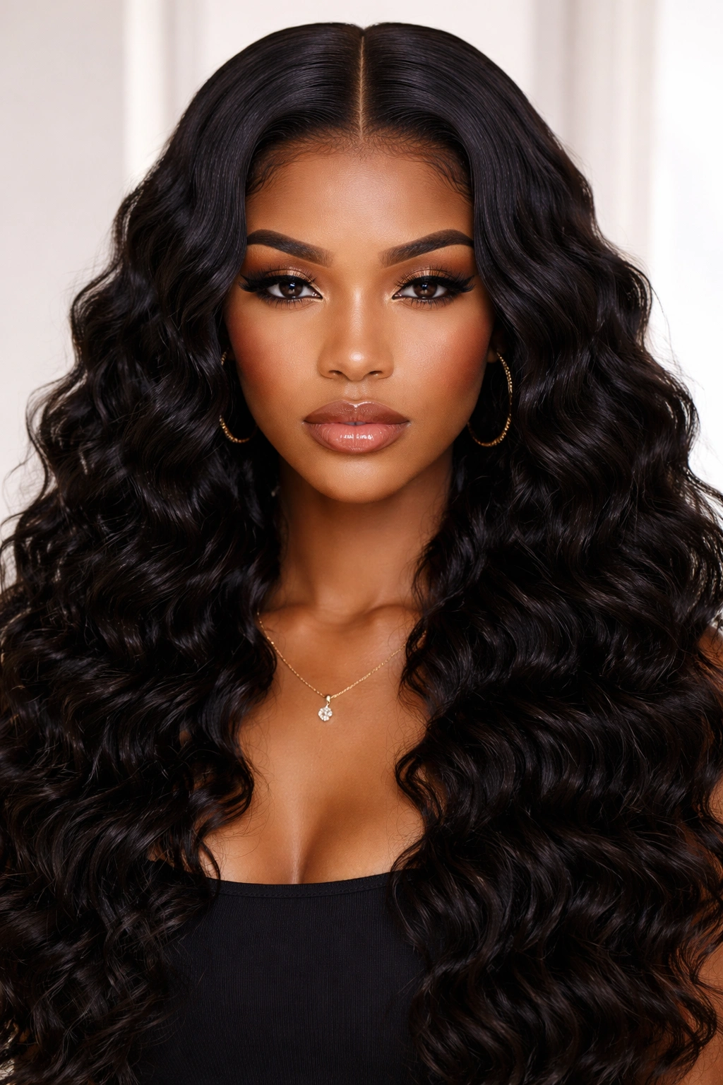 Portrait of curly hair with a middle part and deep waves, symmetrical styling