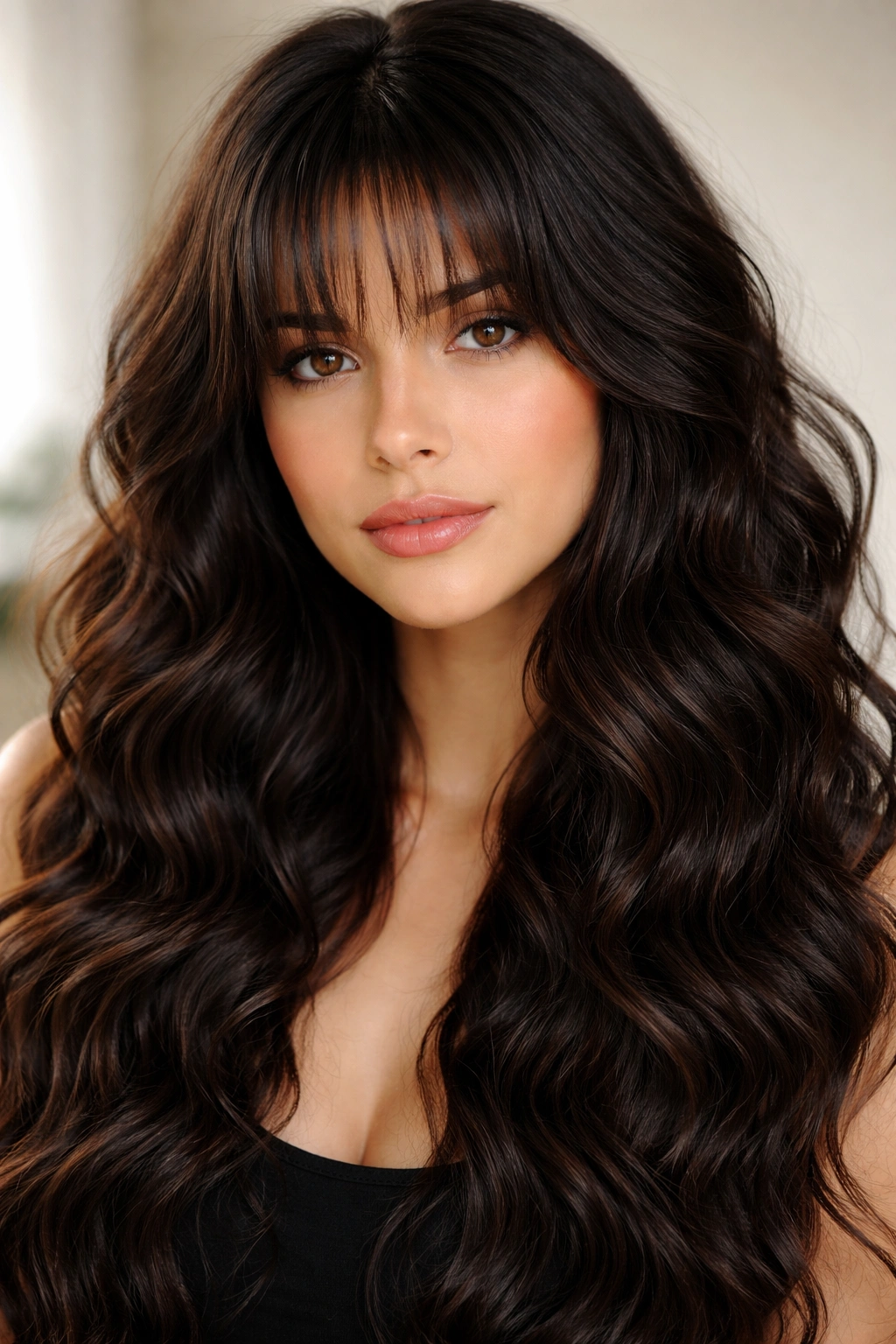 Close-up of tight defined deep waves with wispy bangs framing the face