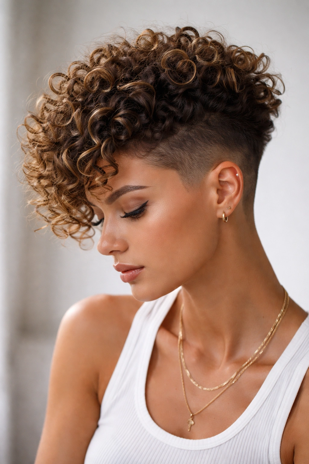 Defined bouncy curls with undercut sides on top