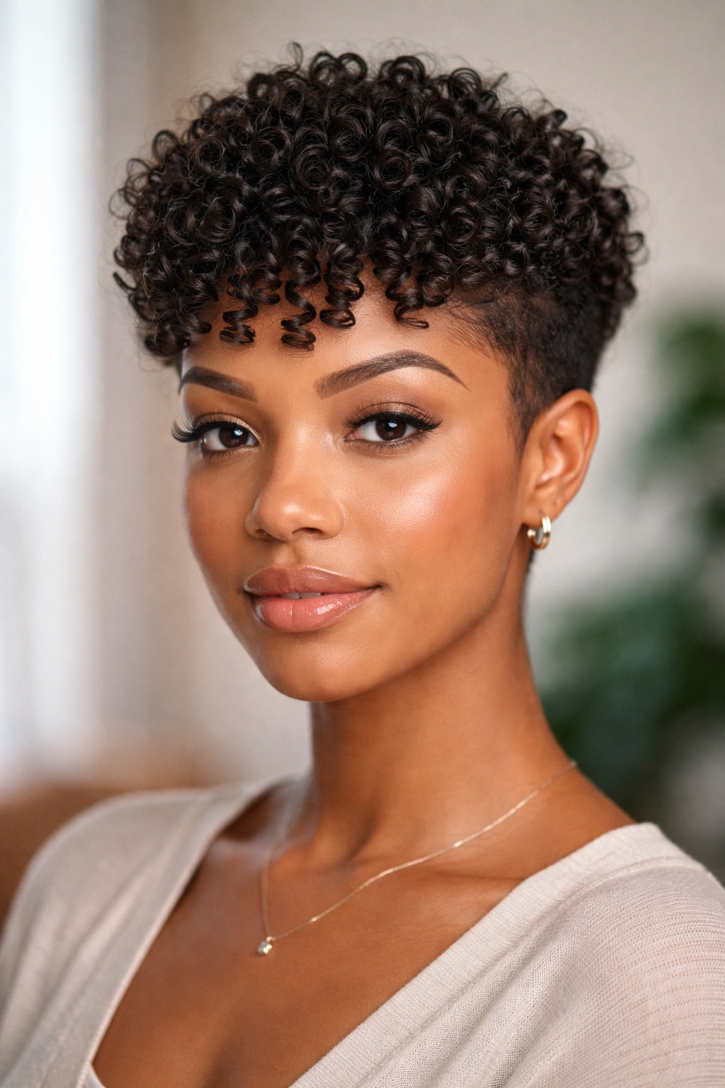 Front view of a crown of defined curls with tapered sides.