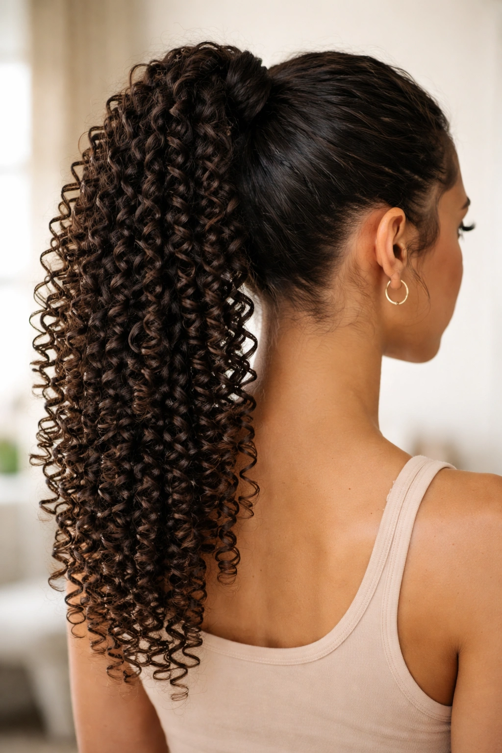 Back view of a high ponytail with clearly defined coils throughout