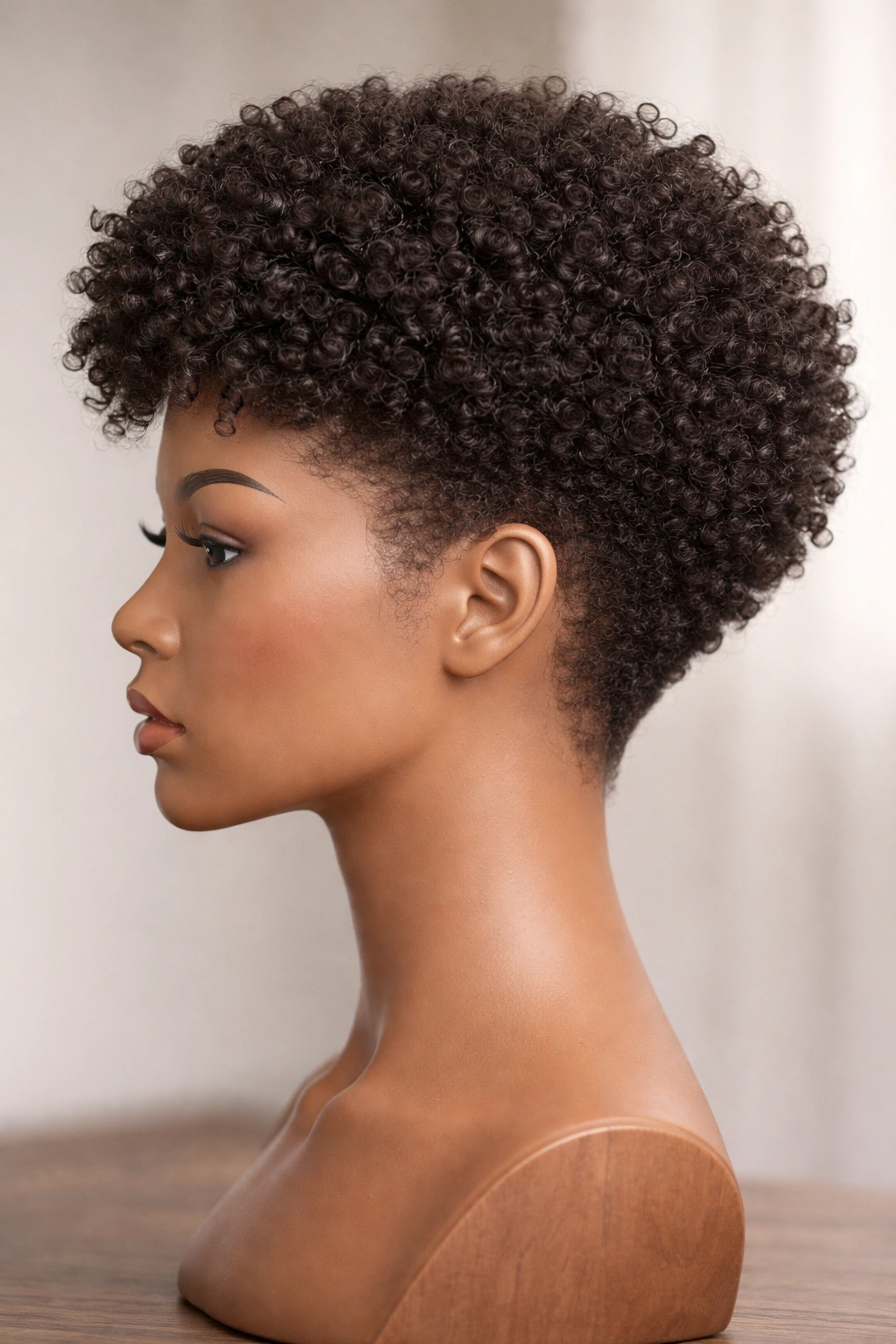 Defined coil wig with tapered edges showing gradation at temples and nape