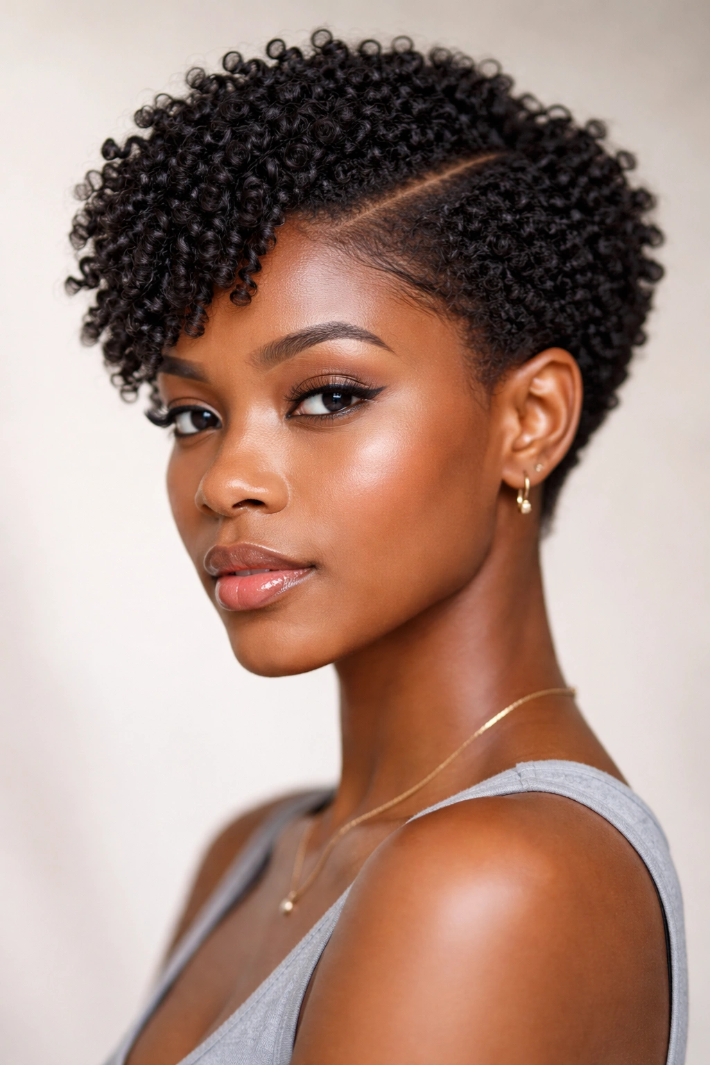 Defined coils with a side part on 4C hair in a sleek studio portrait