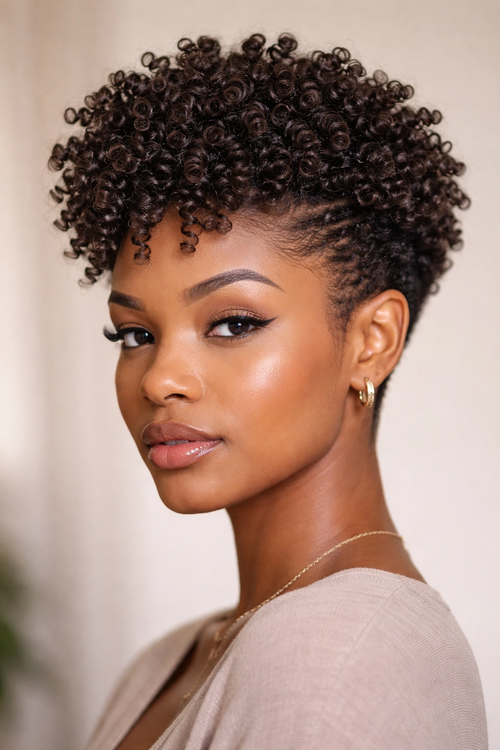 Close-up of a person with defined coils forming a crown on top, sides cropped.