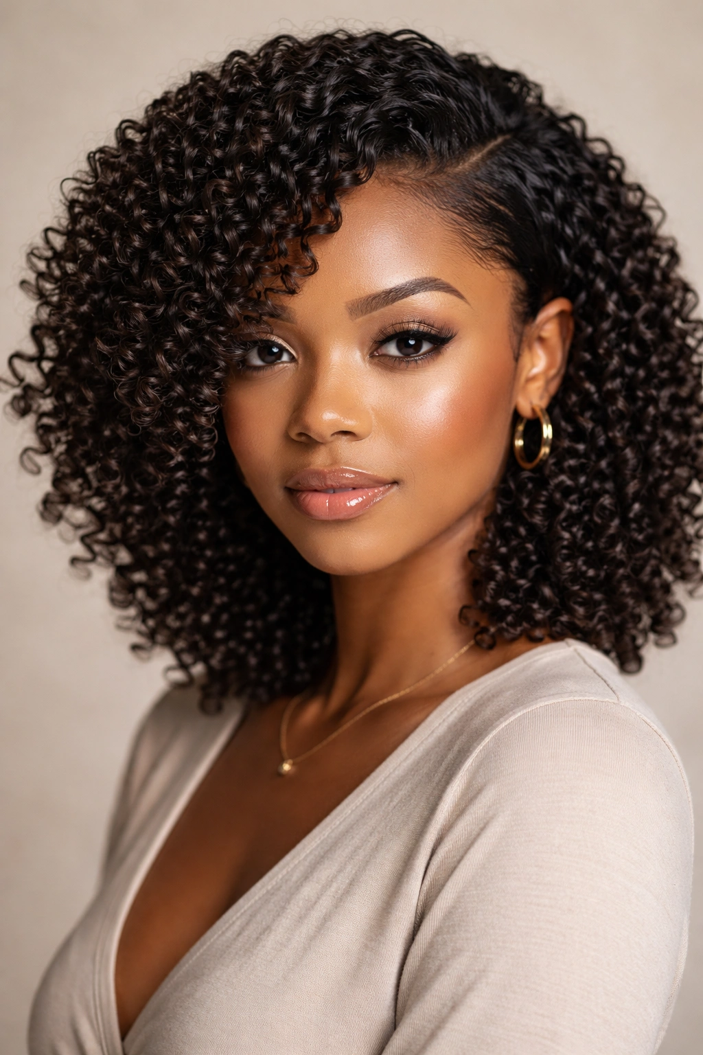 Close-up of defined curls with a side part showing individual coils