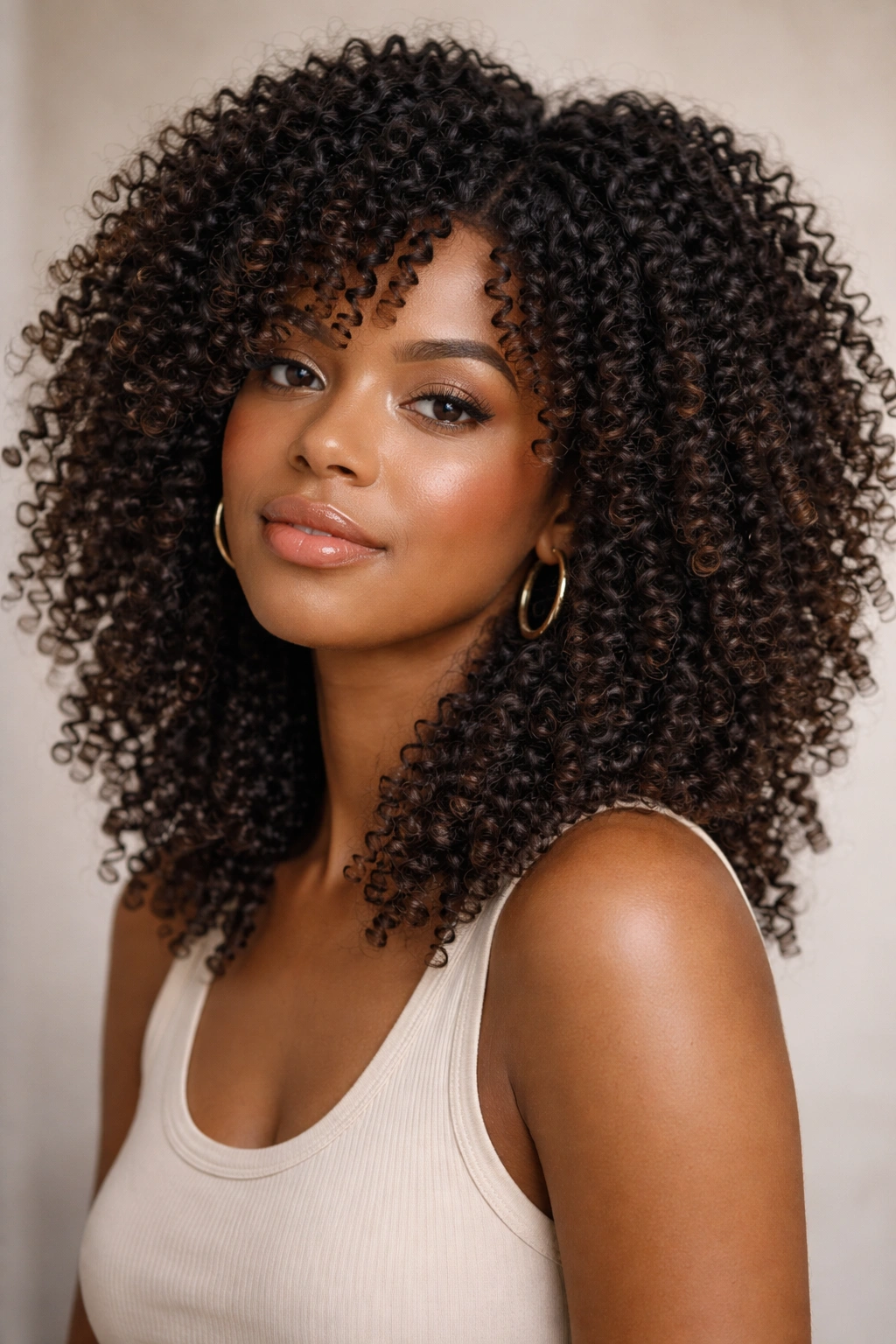 Close-up of defined coils with strategic layering for dimensional curl pattern