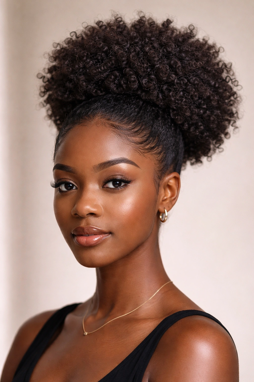 Close-up of a 4C afro puff with defined curls and coil pattern