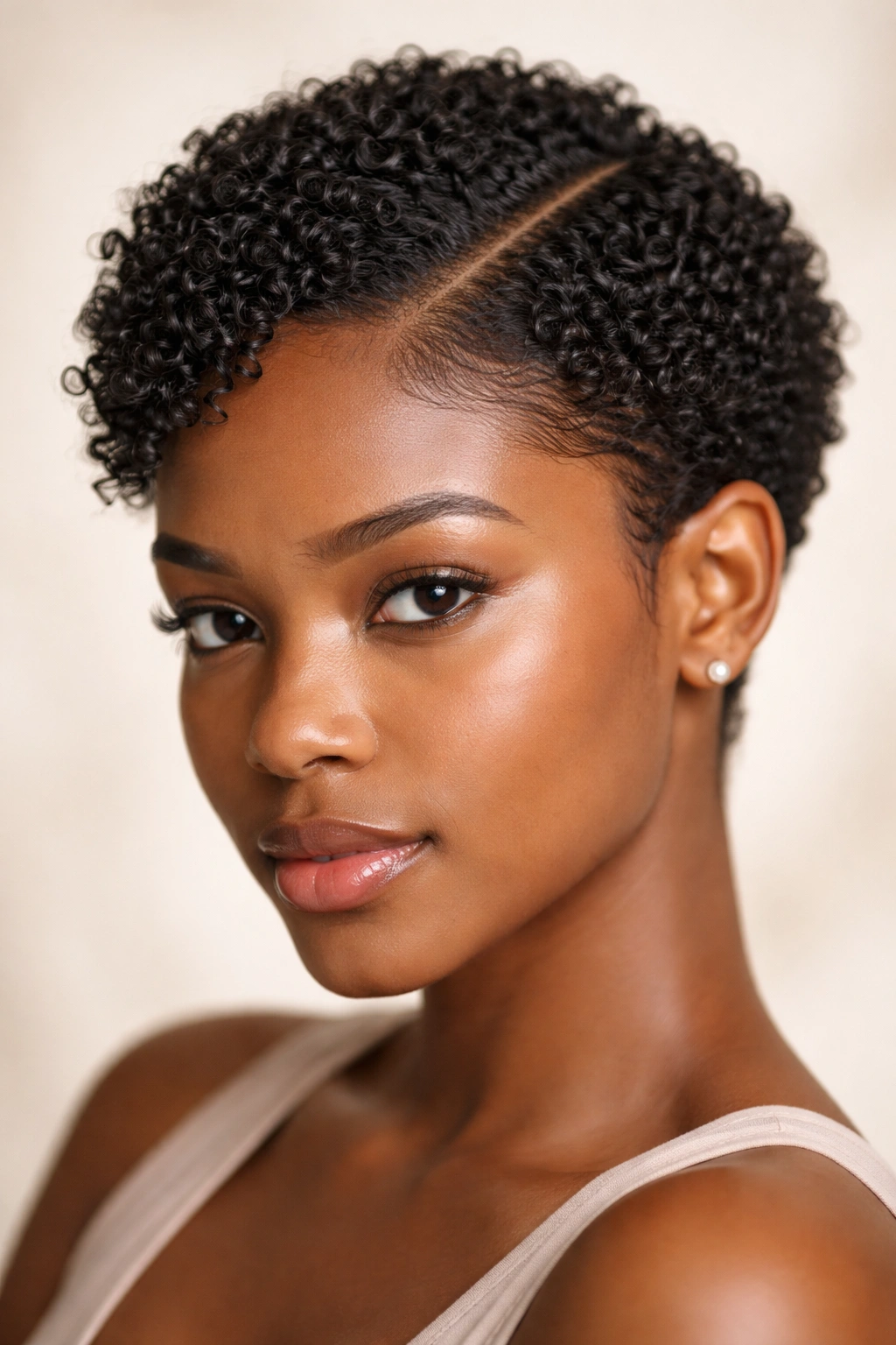 Defined curls with a clean part showing glossy, separated coils on a neutral background.