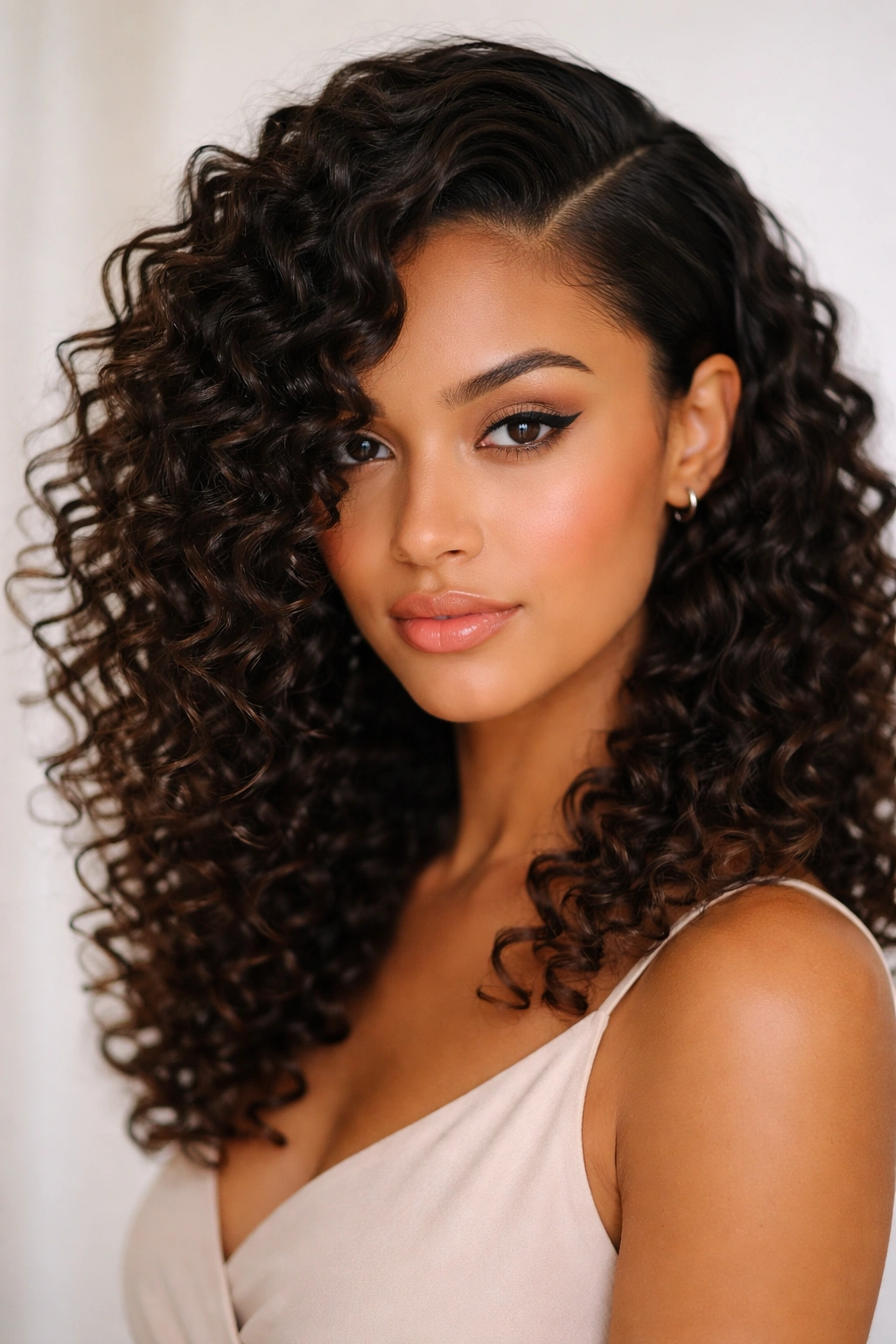 Defined curls with a deep side part showing curl clumps and high contrast